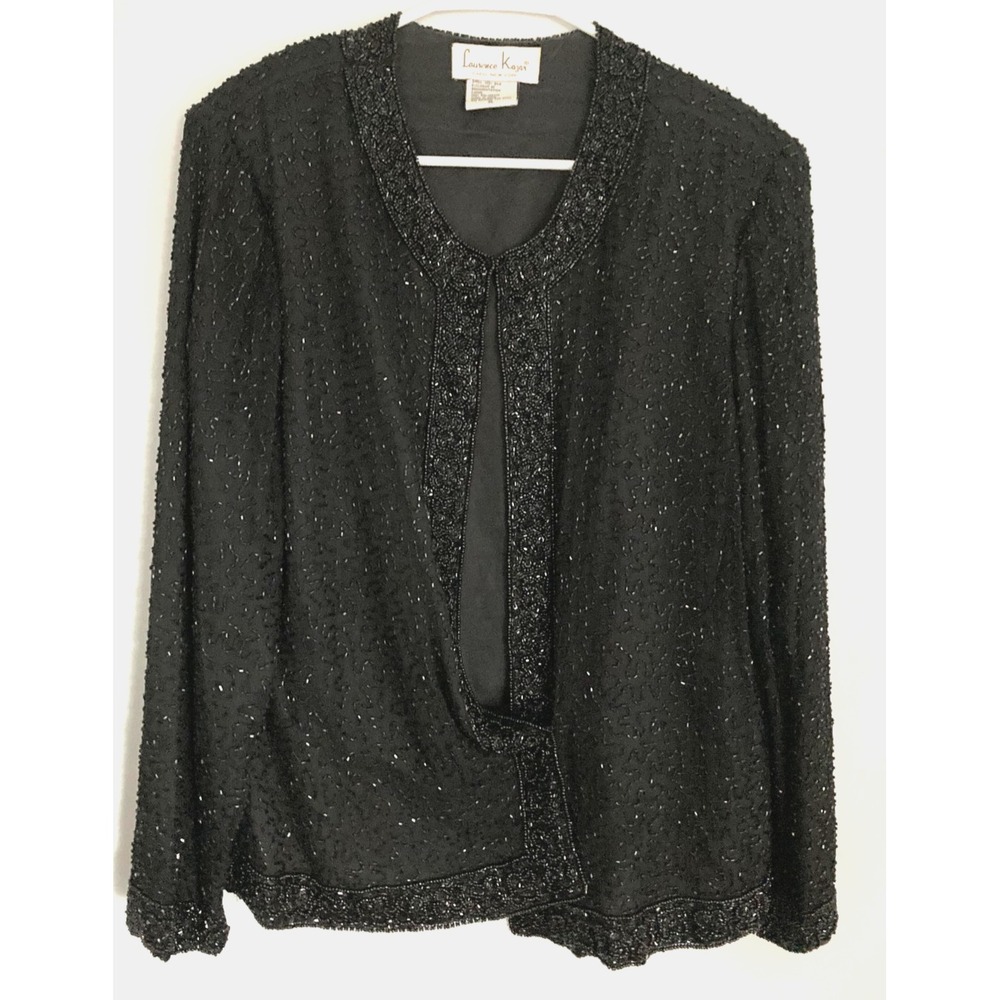 Vintage Laurence Kazar Jacket Womensโ XL Black Silk Beaded Evening Top Formal
